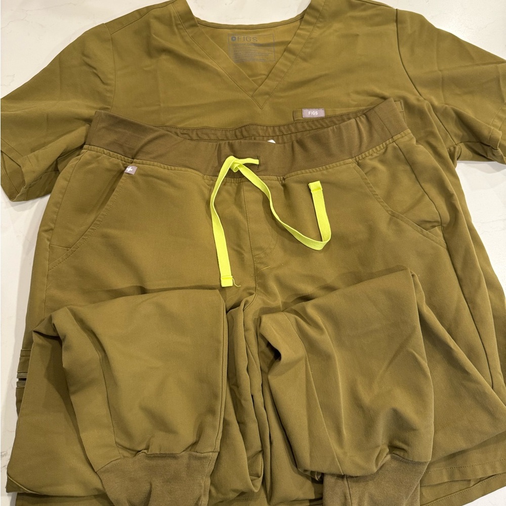 Figs Olive Green Scrub Set with Neon Accents
